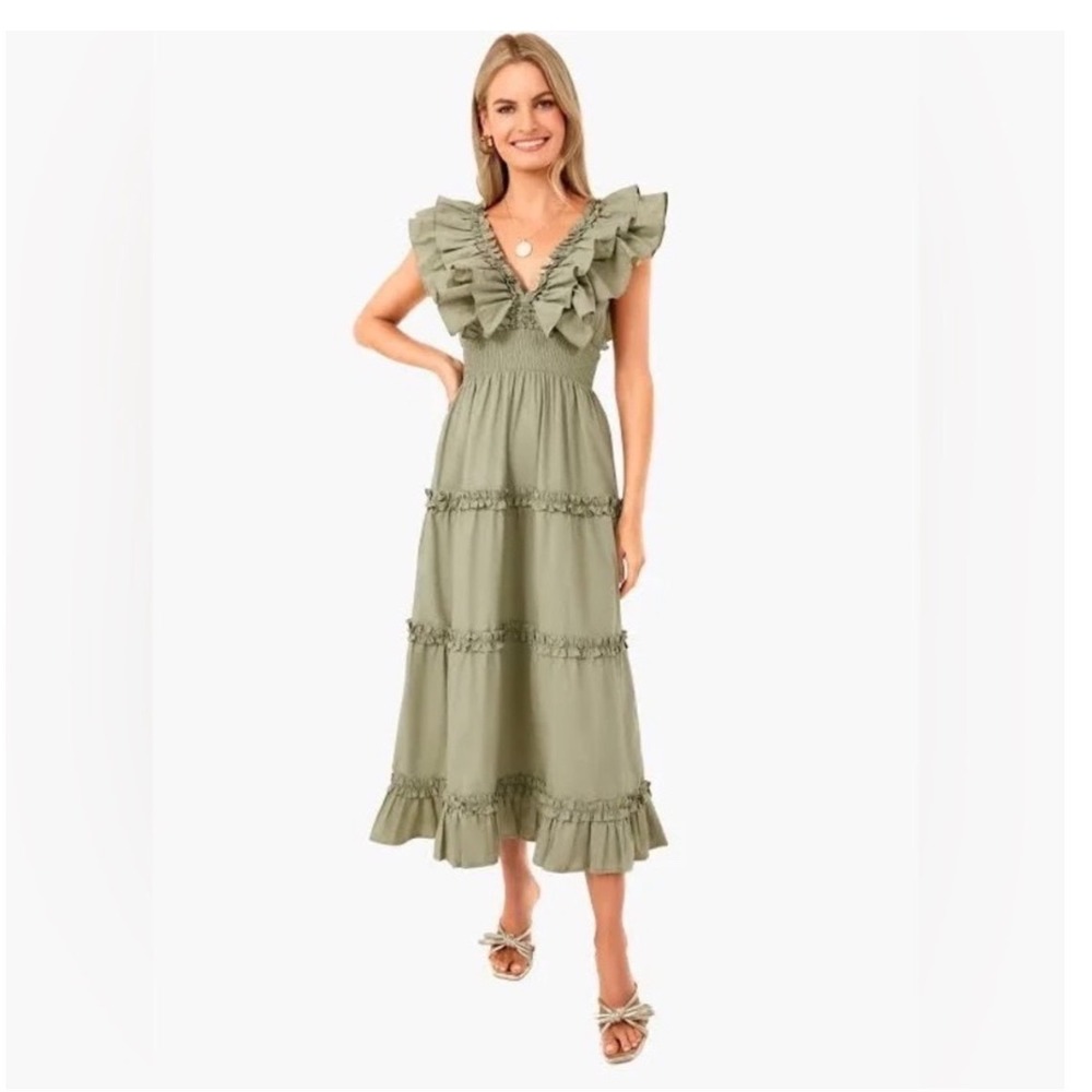En Saison Cottagecore 100% Cotton Sage Green Ruffle Tiered Midi Dress XS